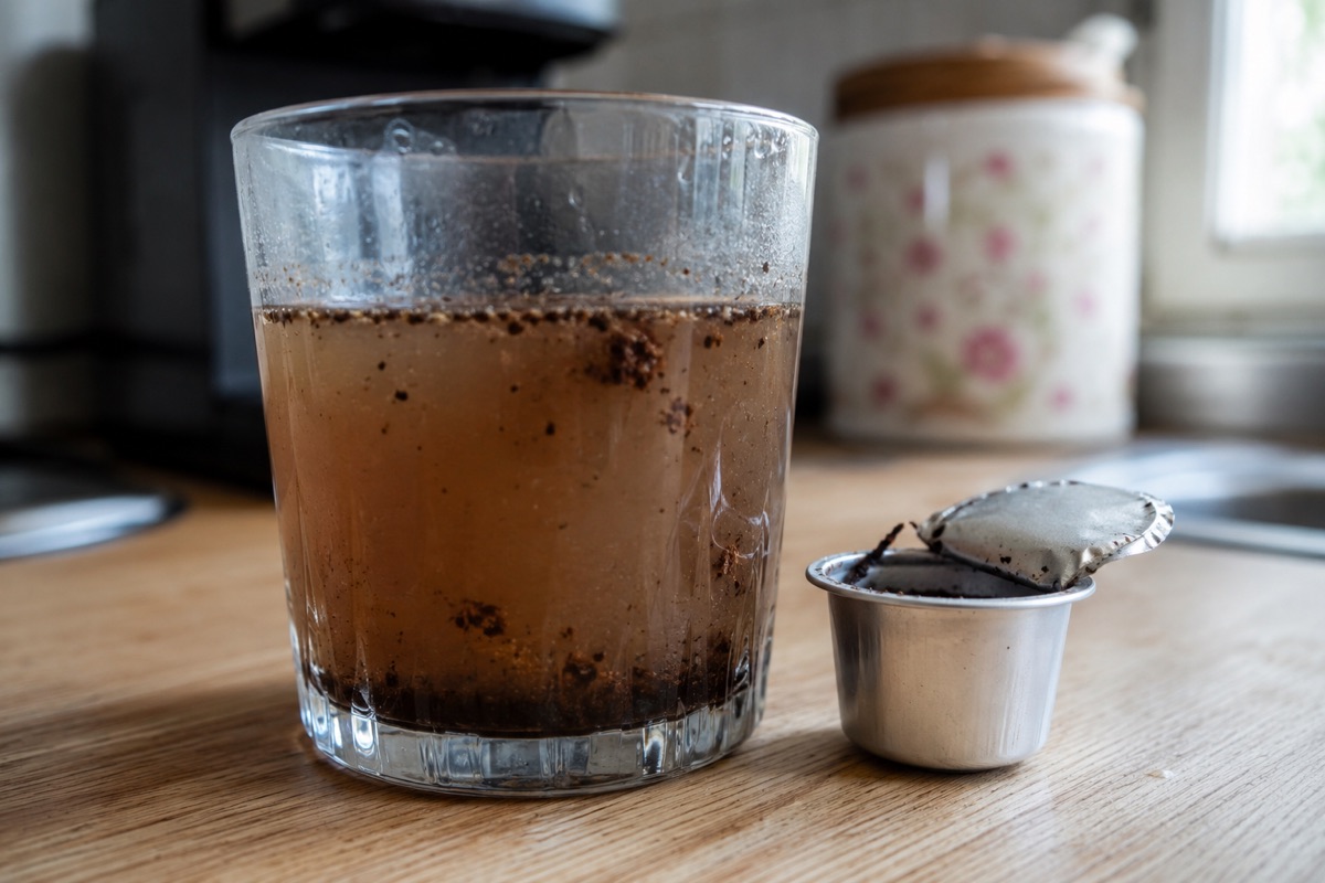 Bicchiere d'acqua torbida con una capsula di caffè anonima aperta accanto, su un piano di cucina